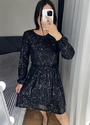 Вечірня блискуча сукня з поясом плаття платье паєтки чорна паетки з рукавом на корпоратив