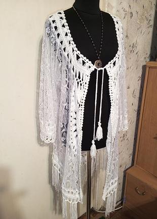 Шикарний бохо комбінований мереживом ошатний білий кардиган оверсайз-батал