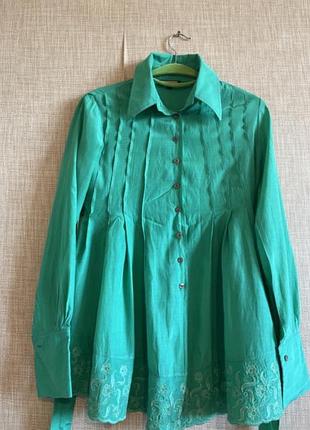 Красивая зелёная рубашка прошва 100% коттон