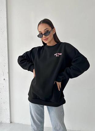 Теплый удлиненный свитшот oversize с трендовой надписью «new york»
