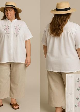 Белая блуза батистовая с розовой вышивкой | oversize 22 (xl-xxl) | вышиванка, батист, вышитый воротник