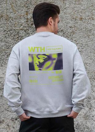 Мужской утепленный оверсайз свитшот на флисе с принтом without pop culture gray