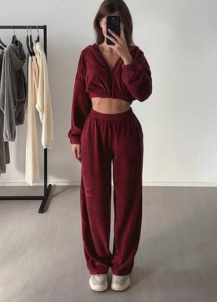 🌈9! шикарний велюровий жіночий спортивний костюм бордовий бордо женский велюр бархат