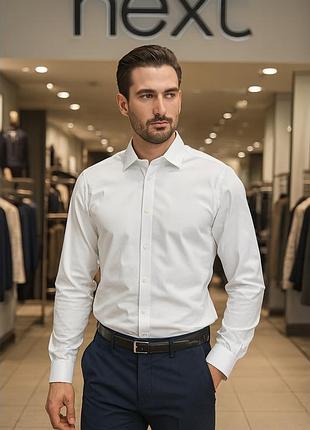 Мужская рубашка next белая, длинный рукав, slim fit, полиэстер/хлопок, идеальное состояние