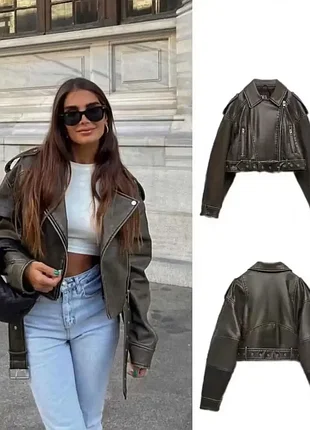 Шкіряна косуха бомбер куртка zara з ефектом потертості