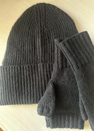Набір комплект шапка та рукавички мітенки з кашеміру