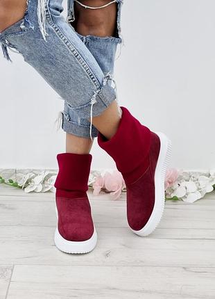 Женские ботинки кеды с довязом красного цвета из натуральной замши, арт baby, деми/зима, 33-41