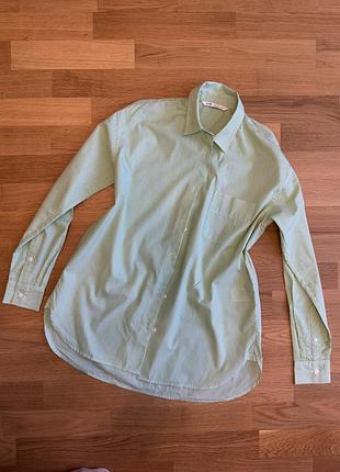 Жіноча стильна сорочка в біло-салатову смужку