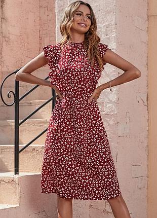 Платье красное женское с мелким цветочным принтом и оборками shein