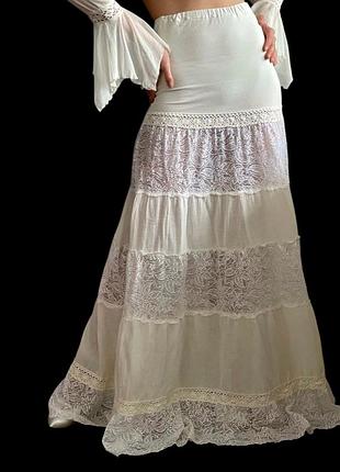 Красивий дуже довгий підспідник підспідничник спідниця максі з мереживом в стилі етно бохо ретро вінтаж vintage stories 🤍