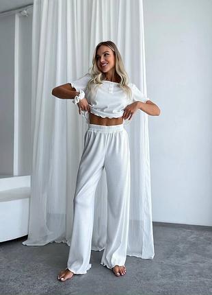 Женская удобная домашняя пижама домашний комплект футболка и широкие брюки рубчик белый