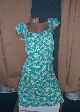 Платье сарафан зеленый мини в цветочный принт