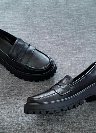 Женские натуральные кожаные лоферы на массивной тракторной подошве черные венздей размер 37 38 39 41 стелька 23,5 24 24,5 26 см