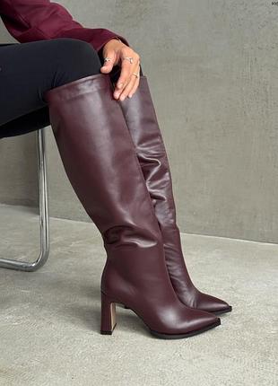 Жіночі чоботи із натуральної шкіри бурунді каблук 10598