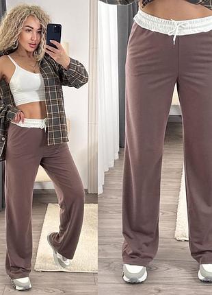 Повсякденні жіночі штани палаццо вільного крою з білою резинкою та завʼязкою на поясі