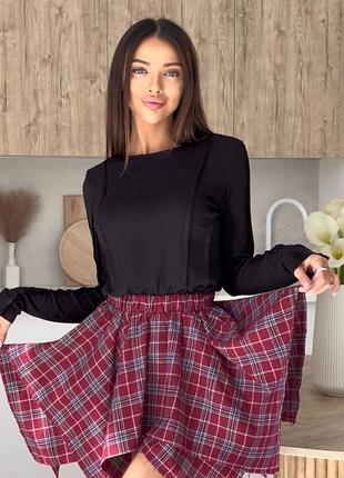 Ідеальна спідниця шотландка з імітацією завʼязаної сорочки та резинкою на поясі асиметрична в клітинку