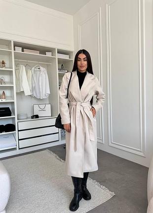 Кашемировое длинное пальто на запах с поясом