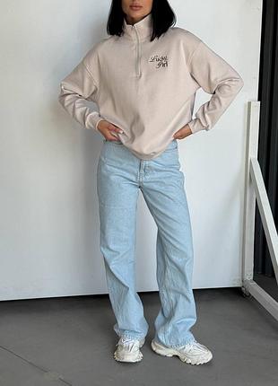 Бежевый свитшот поло женский в стиле old money качественная премиальная ткань вышивка “lacky girl”