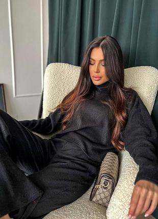 Костюм жіночий з ангори рубчик на осінь/весну без утеплювача, прямі брюки на високу посадку та укорочена кофта.розмір універсал 42-46.чорний,кемел.