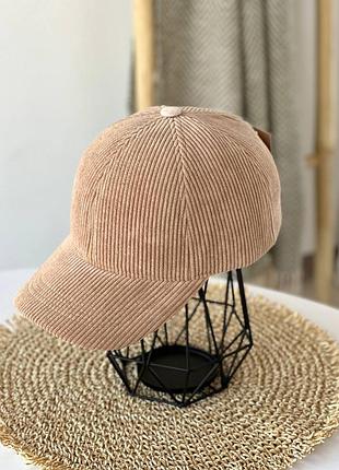 Вельветовая теплая кепка бейсболка вельвет на флисе осень зима весна унисекс женская бежевая