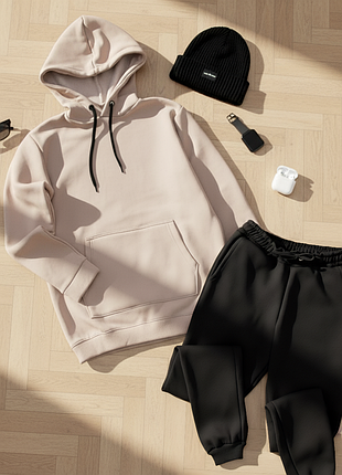 Теплый базовый повседневный костюм худи и штаны утеплен флисом кофта с капюшоном толстовка джоггеры осенний зимний унисекс парные мужские