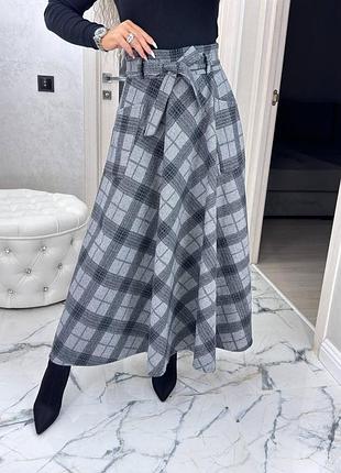 Теплая длинная женская юбка макси в клетку, с карманами, на поясе осень, зима s, m, l, с м л хл серая