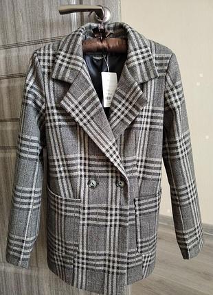 Очень теплое пальто жакет шерсть кашемир в клетку