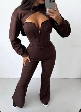 Замшевий жіночий костюм трійка брюки кльош і корсет