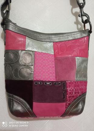 Цветная кожаная сумка coach holiday multicolor patchwork crossbody bag