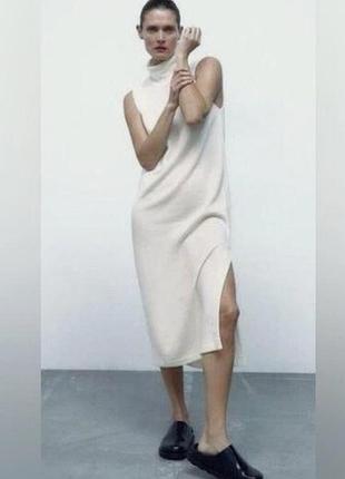 Молочное женское платье миди zara без рукавов