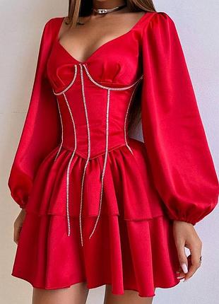 ❗ексклюзив❗праздничное атласное платье с корсетом в стразах со шнуровкой с рукавами фонариками и пышной юбкой