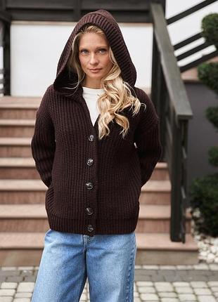 Шоколадний кардиган-пальто з капюшоном з преміальної вовняної пряжі