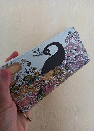 Кошелек женский большой бежевый на молнии с принтом