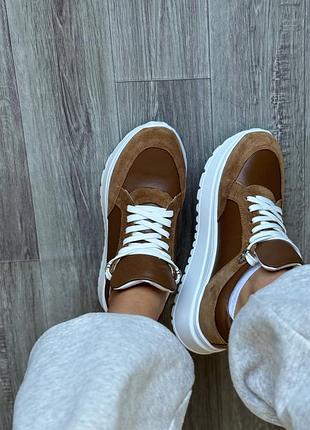 Женские кожаные рыжие кроссовки из натуральной кожи и замши