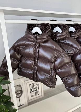 Накладной платеж ❤ глянцевый шоколадный пуффер пуфер оверсайз с капишоном куртка дута дутик стеганая укороченная биопухом зимняя