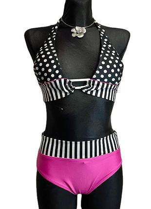 Винтажный купальник в горошек и полоску с высокими плавками и чашками vintage 2000s y2k pinup