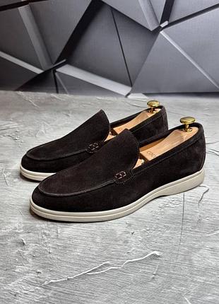Лоферы туфли мужские коричневые из натуральной замши, замшевые мокасины шоколадного цвета 8221