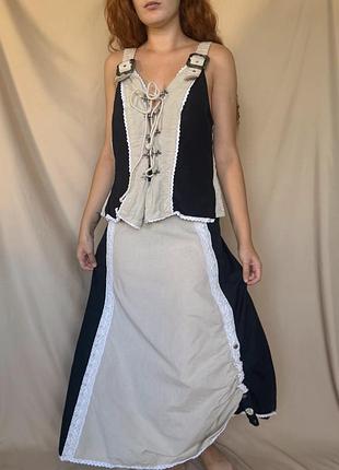 Жіночий костюм лляний вінтажний вінтаж бавовняний баварський октоберфест з натуральної тканини льону спідниця і корсет