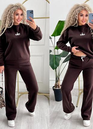 Стильный женский спортивный костюм-двойка (худи с накатом + штаны-палаццо) на флиссе 42-44, 46-48, 50-52