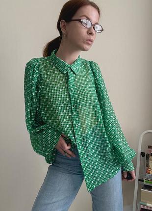 Блуза жіноча зелена в білий принт next s-m легка оверсайз шифонова довгий рукав