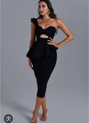 Платье миди макси, с чашкой, бандажное, на одно плечо, с баской