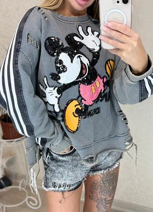 Світшот оверсайз з лампасами,зміккі маусом паєткі,