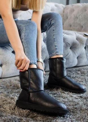 Ugg black leather, шкіряні угги з хутром