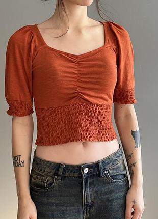 Кроп топ жіночий sfera xs-s з квадратним вирізом і коротким рукавом на резинці кораловий помаранчевий