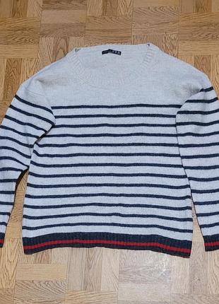 Свитер джемпер женский шерстяной бежевый в серую полоску размер м