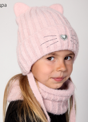 Детская зимняя шапочка для девочки с ушками кошечки от 3 лет 50 52 54
