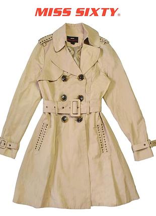 Оригинальный винтажный бежевый тренч y2k с металлическим декором miss sixty
