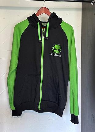 No fear motocross. кофта на блискавці, з капюшоном. чорний колір із яскравими салатовими рукавами. розмір xl.