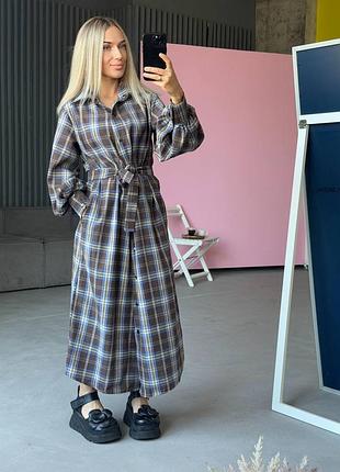 Платье-рубашка в клетку с поясом