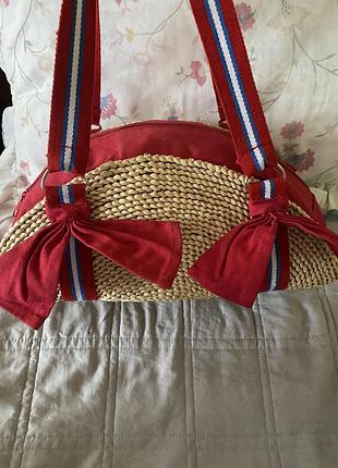Літня червона сумка з кокетливими бантами тканина та солома